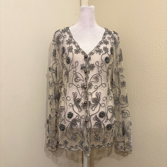 Pretty Angel Tops - Fairycore Whimsigoth Silk Blend Mesh Cardigan Top Silver Floral Embroidered Sz L